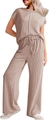 Detail of knit ribbed texture on apricot two-piece set with drawstring waist and wide legs - Khaki