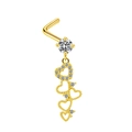 Détail d'un piercing nez en L doré avec pendentifs cœurs et incrustation zircon - Pendentif Multi-coeur Évidé