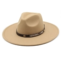 Detail of khaki wool fedora with brown chevron strap and gold diamond studs - M(56-58cm) / Camel