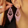 Sparkling pink rhinestone long tassel earrings with geometric arrow design for women - Pink