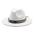 Detail of white wool fedora hat featuring a brown leather band and bronze bull head emblem - M (56-58cm) / White