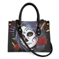 Black PU tote with Dia de los Muertos sugar skull print and punk gold rivets - Blue-Purple Hair Skull Girl Rose Bullet - Black Strap