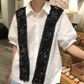 Short sleeve white cotton shirt with black lace floral embroidery for a sweet style - 3007-6 Lace Decor Style / Black