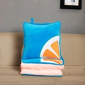 Detail of blue velvet pillow and folded pink quilted blanket on a beige sofa - New Orange / Folded 40x40cm Unfolded 115x145cm