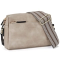 Detail of beige leather crossbody bag with dual zippers and colorful woven strap - Light Gray