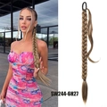 Detail view of long braided blonde ponytail hair extension showing weaving texture and fit - Dark Linen Gold (6H27#)