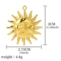 Golden sun face pendant for DIY jewelry, 3cm height, 4.8g stainless steel charm - Large Sun Face Golden (A0006601)