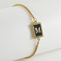 Minimalist 18K gold plated stainless steel letter M bracelet with black enamel - M-Black