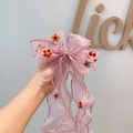 Pink organza ribbon bow hair clip with colorful small flowers for girls - Pink
