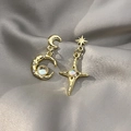 Detail of moon and star gold earrings with iridescent moonstone on gray silk - E1955-1 Gold Asymmetric Moon Star Fairy Drop Earrings