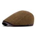 Berretto da uomo in tweed giallo a spina di pesce con bordo visiera in pelle marrone - Cachi