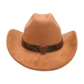 Cappello da cowboy in pelle scamosciata marrone con fibbia a leopardo e nastro maculato - Cachi (Cintura Testa di Leopardo)
