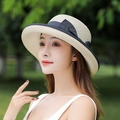 Women's foldable straw sun hat with wide brim and elegant black decorative ribbon bow - One Size(Adjustable) / Off White