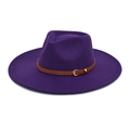 Top view of deep purple wide brim wool fedora hat with brown faux leather belt strap - M (56-58cm) / Purple
