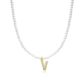 Faux pearl necklace with a gold-plated letter V pendant encrusted with sparkling crystals - Letter V