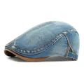 Béret en denim délavé bleu clair avec bordure en cuir marron et coutures jaunes - Réglable / Bleu Moyen