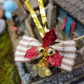 Christmas bow with brown zigzag pattern, red glitter leaves and golden bells ornament - Style 4-Zigzag Fabric Red Leaf Double Bell