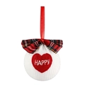 Weiße Strick-Weihnachtskugel mit rotem Herz, HAPPY-Stickerei und Karoschleife - Weiß