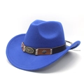 Detail of blue wool felt cowboy hat featuring brown leather band and metallic bull head - M(56-59CM) / Blue