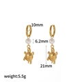Macro shot of gold turtle and pearl drop earrings with dimensions and weight specs - Turtle Pearl Style(TE60484)
