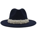 Detail of navy blue wool felt fedora featuring elegant white pearl bead hat band decoration - M(56-58cm) / Navy Blue (Large Pearl)
