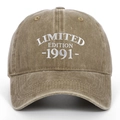 Detailed view of the 1991 Limited Edition white 3D embroidery on washed khaki cotton cap - Adjustable / Khaki