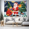 Dettaglio di arazzo natalizio con Babbo Natale e albero su morbido tessuto poliestere - 150x130cm / Stile 2-Babbo Natale Cartoon Notte Innevata