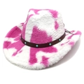 Detail of pink cow print plush cowboy hat with turquoise stone leather hatband - M (56-58cm) / Heart Top / Rose Red Cow Print