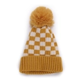 Kinder Strickmütze mit Schachbrettmuster und großem Bommel in Gelb und Weiß - 50-52CM / Gelb