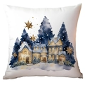 Winter watercolor Christmas pillow cover with snow forest and houses on white background - Winter House CRD10-5