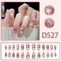 Pink gradient press-on nails with heart designs and glitter rhinestones in 24 piece set - Pink Gradient Heart Rhinestone Gold Lines Coffin Style (D527) / 24 Pcs/Set