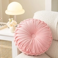 Pink round pleated velvet flower throw pillow cover displayed on a white sofa - Soft Pink Round Dutch Velvet Wheel Pillow (With Core) / 35*35*12cm