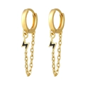 Detailed view of S925 silver needle gold lightning earrings with black enamel and chain - Flash