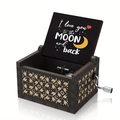 Dark wood hand-crank music box with moon and heart design and laser-engraved details - Black Moon