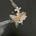 Floral butterfly wrist corsage with white tulle, pearls and golden ribbons on dark base - Small Wrist Corsage-White