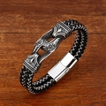 Men's vintage Viking black braided leather bracelet with engraved steel ornament - 18cm / Black Double Strand with White Stitching
