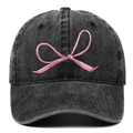 Vintage black washed denim baseball cap with sweet pink embroidered bow design - Adjustable / Black