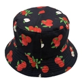Close-up of black cotton fisherman hat featuring red apple and green leaf print - Black Apple