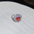 Macro shot of a silver heart ring with a red gemstone, small pearls and zircon inlay - Silver Red Heart Pearl Ring (7#)