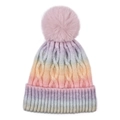 Macro detail of gradient cable knit hat with a large fluffy pink pom-pom decoration - Yellow Pink Gradient