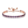 Rose gold adjustable tennis bracelet with round cut purple crystals and a bolo clasp - Rose Gold + Amethyst Purple Zirconia