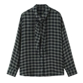 Women's classic dark green plaid long sleeve blouse with lace-up neck and buttons - XS / Black and Green Plaid