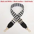 Adjustable black and white houndstooth strap with golden metal hooks for shoulder bags - Black White + Black Leather + Gold Hook