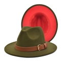 Detail of olive green and red contrast fedora hat with brown leather buckle strap - M(56-58cm) / Army Green and Red