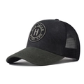 Close-up of trucker hat showing H embroidery, mesh back, and olive green brim detail - Adjustable / Black & Army Green (H)