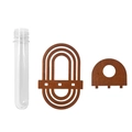 Detailed parts of a brown wooden wall planter with a clear glass test tube vial - Arch Wood Frame