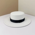 Elegant white flat-top boater hat with a contrasting black ribbon band for women - Adjustable M (56-58cm) / White