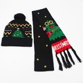 Black LED Christmas hat and scarf set with knit festive patterns and power switch - Set 24 (Black Christmas Tree)