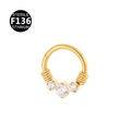 F136 gold titanium hinged nose ring with three clear zircons and coiled wire accents - Style 2 / Gold