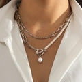 Elegant double layer necklace with silver bead chain, OT buckle and white pearl pendant - Silver